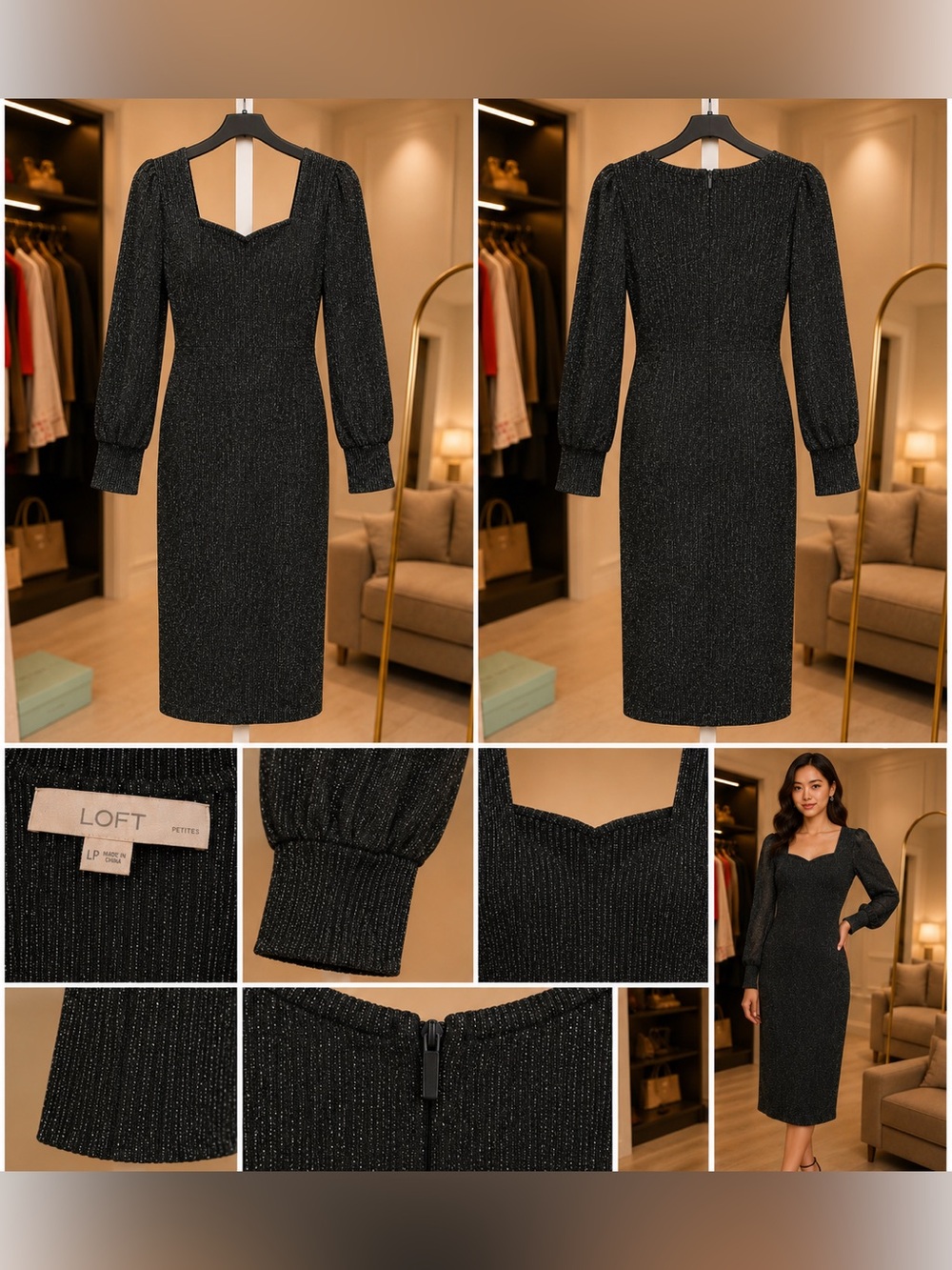 LOFT Black Sparkle Midi Dress with Puff Sleeves